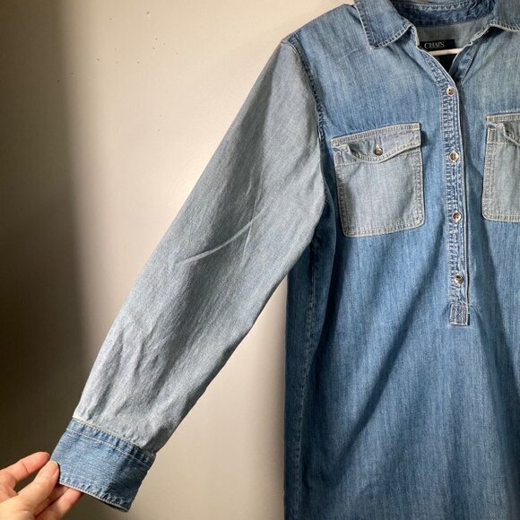 Womens Chaps Denim Long Sleeve Sheath Dress Button Top Ombre Blue L - Picture 4 of 7